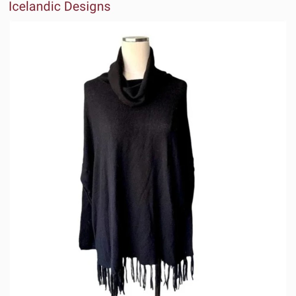 Icelandic Cashmere Wool Sweater Black Cowl Neck Fringe Quiet Luxury Equestrian-M
